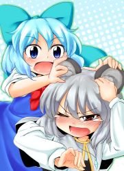 Rule 34 | 2girls, animal ears, blue eyes, blue hair, blush, bow, capelet, cirno, grey hair, hair bow, jewelry, mouse ears, multiple girls, nazrin, pendant, red eyes, short hair, tears, tec, touhou, wince