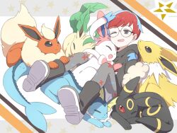 1girl ;d affectionate boots commentary_request creatures_(company) flareon fujiyama_(yellow) game_freak gen_1_pokemon gen_2_pokemon gen_4_pokemon gen_6_pokemon glasses grey_pantyhose hood hood_down hoodie jolteon leafeon multicolored_hair nintendo one_eye_closed open_mouth pantyhose penny_(pokemon) pokemon pokemon_(creature) pokemon_sv red_hair round_eyewear smile star_(symbol) sylveon two-tone_hair umbreon vaporeon