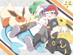 Rule 34 | 1girl, ;d, affectionate, boots, commentary request, creatures (company), flareon, fujiyama (yellow), game freak, gen 1 pokemon, gen 2 pokemon, gen 4 pokemon, gen 6 pokemon, glasses, grey pantyhose, hood, hood down, hoodie, jolteon, leafeon, multicolored hair, nintendo, one eye closed, open mouth, pantyhose, penny (pokemon), pokemon, pokemon (creature), pokemon sv, red hair, round eyewear, smile, star (symbol), sylveon, two-tone hair, umbreon, vaporeon