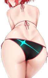 Rule 34 | 1girl, arind yudha, ass, ass focus, back, bare shoulders, bikini, closed mouth, from behind, halterneck, head out of frame, highres, looking back, pyra (pro swimmer) (xenoblade), pyra (xenoblade), red hair, side-tie bikini bottom, simple background, solo, swimsuit, thighs, white background, xenoblade chronicles (series), xenoblade chronicles 2