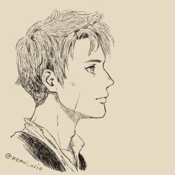 Rule 34 | 1boy, character request, closed mouth, collared shirt, facial scar, from side, hai to no monogatari, looking ahead, male focus, nemui usio, portrait, profile, scar, scar on cheek, scar on face, shirt, short hair, simple background, sketch, solo, twitter username, yellow theme