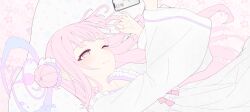 Rule 34 | 1girl, 4ba nana, blue archive, cellphone, chat log, dress, halo, long hair, lying, mika (blue archive), one eye closed, phone, pink eyes, pink hair, smartphone, solo, twitter, white dress