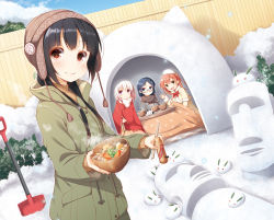 Rule 34 | 4girls, :d, black hair, bowl, brown eyes, brown hair, chopsticks, coat, commentary request, food, glasses, hair ornament, hairclip, hat, holding, igloo, long hair, looking at viewer, multiple girls, open mouth, original, senbei, shovel, smile, snow, snow rabbit, snow shelter, waving, winter clothes, winter coat, worktool, yume no owari
