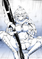 Rule 34 | 10s, 1girl, against wall, ahoge, alternate hairstyle, belt, between breasts, blue theme, boots, breasts, cleavage, closed mouth, coat, collarbone, cross-laced footwear, eyebrows, granblue fantasy, greyscale, gun, hair between eyes, lace-up boots, large breasts, long hair, long sleeves, looking at viewer, mae (nahabaru), miniskirt, monochrome, navel, open clothes, open coat, rifle, silva (granblue fantasy), skirt, solo, spread legs, strap, strap between breasts, thigh boots, thighhighs, tsurime, very long hair, weapon