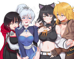 Rule 34 | 4girls, :3, animal ears, belt, black hair, blake belladonna, blonde hair, blush, grabbing another&#039;s breast, breasts, cat ears, cleavage, dress, dress tug, grabbing, groping, highres, implied fingering, looking at another, multicolored hair, multiple girls, negresco, prosthesis, prosthetic arm, red hair, resolution mismatch, ruby rose, rwby, silver hair, simple background, smile, source larger, tiara, two-tone hair, undressing, weiss schnee, yang xiao long, yuri