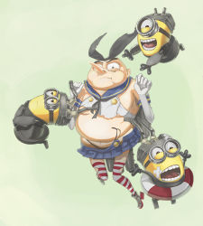 Rule 34 | 1boy, bald, bandaid, black panties, cosplay, crossdressing, crossover, despicable me, elbow gloves, gloves, goggles, gru (despicable me), hair ornament, hairband, innertube, kantai collection, looking at viewer, minion (despicable me), navel, panties, parody, pleated skirt, pointy nose, ran yu, ranyu, ranyu kuro, rensouhou-chan, rensouhou-chan (cosplay), shimakaze (kancolle), shimakaze (kancolle) (cosplay), skirt, striped clothes, striped legwear, striped thighhighs, swim ring, thighhighs, torn clothes, torn legwear, underwear, wardrobe malfunction, white gloves, zettai ryouiki