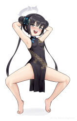 Rule 34 | 1girl, :d, armpits, arms behind head, bare legs, barefoot, batazungharn, black dress, black hair, blue archive, blush, butterfly hair ornament, china dress, chinese clothes, commentary request, double bun, dress, eyes visible through hair, full body, grey eyes, groin, gymnastics, hair between eyes, hair bun, hair ornament, halo, highres, kisaki (blue archive), long hair, looking at viewer, no panties, open mouth, pelvic curtain, side slit, sidelocks, simple background, sleeveless, smile, solo, spread legs, tiptoes, toes, twintails, white background