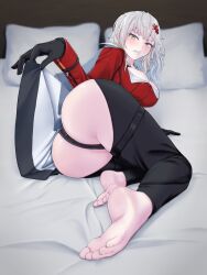 Rule 34 | 1girl, abaresouka, ass, black gloves, blurry, breasts, chaps, cleavage, clothes lift, coat, coat on shoulders, depth of field, feet, full body, gloves, goddess of victory: nikke, grey hair, hair ornament, hairclip, highres, jacket, large breasts, long hair, lying, messy hair, on bed, on side, pillow, red jacket, sharp teeth, solo, teeth, white coat, yellow eyes, yulha (nikke)