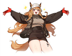 Rule 34 | 1girl, :d, animal ears, arknights, black jacket, black skirt, braid, breasts, brown hair, ceobe (arknights), commentary, covered navel, dog ears, dog girl, dog tail, ears through headwear, english commentary, gloves, grey hat, hat, highres, jacket, jason kim, long hair, long sleeves, looking at viewer, material growth, medium breasts, open clothes, open jacket, open mouth, oripathy lesion (arknights), outstretched arms, red eyes, red gloves, simple background, skirt, smile, solo, tail, teeth, thighs, twin braids, upper teeth only, white background