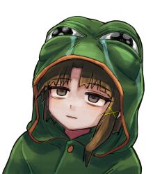 Rule 34 | 1girl, animal costume, boy&#039;s club, brown eyes, brown hair, frog costume, hair ornament, half-closed eyes, iwakura lain, parted lips, pepe the frog, serial experiments lain, simple background, single sidelock, solo, upper body, white background, x hair ornament, yuroroo