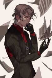 Rule 34 | 1boy, antonio salieri (fate), antonio salieri (second ascension) (fate), black gloves, black suit, fate/grand order, fate (series), formal, gloves, hair between eyes, half updo, hand up, highres, jewelry, long hair, looking at viewer, male focus, necklace, pinstripe pattern, pinstripe suit, red eyes, red neckwear, samuraisamurai, sheet music, silver hair, simple background, smile, solo, striped, suit, upper body