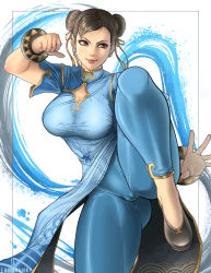 Rule 34 | 1girl, artist name, blue pants, bow, bowtie, bracelet, breasts, brown eyes, brown hair, cameltoe, capcom, china dress, chinese clothes, chun-li, cleavage, clenched hand, closed mouth, commentary, double bun, dress, earrings, erodrunky, fighting stance, gold trim, hair bun, highres, jewelry, leg up, lips, medium breasts, pants, shoes, short sleeves, signature, simple background, skin tight, smile, street fighter, street fighter 6, white background