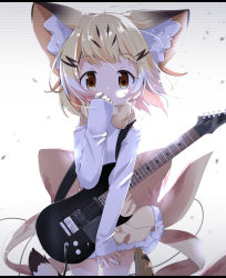 Rule 34 | 10s, 1girl, adapted costume, animal ears, blonde hair, bow, bowtie, brown eyes, cat ears, cat tail, commentary request, covering own mouth, guitar, hand over own mouth, highres, instrument, kemono friends, long sleeves, looking at viewer, makuran, multicolored hair, sand cat (kemono friends), short hair, sleeves past wrists, solo, tail, white hair, wind