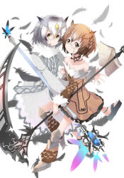 Rule 34 | 10s, 2girls, adapted costume, amai nekuta, bare shoulders, book, brown eyes, brown hair, choker, commentary request, eurasian eagle owl (kemono friends), feathers, full body, fur-trimmed sleeves, fur collar, fur trim, head wings, kemono friends, monocle, multiple girls, northern white-faced owl (kemono friends), open book, partial commentary, scythe, short hair, simple background, staff, white background, wings, yellow eyes