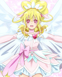 Rule 34 | 1girl, aida mana, angel wings, arm warmers, bad id, bad pixiv id, blonde hair, bow, brooch, cape, choker, colored eyelashes, cure heart, cure heart (parthenon mode), curly hair, dokidoki! precure, earrings, half updo, headdress, heart, heart brooch, highres, jewelry, long hair, magical girl, outstretched arms, pink eyes, precure, ribbon, skirt, smile, solo, sougetsu ayu, spread arms, waist bow, white wings, wing brooch, wings
