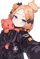 Rule 34 | 1girl, :t, abigail williams (fate), abigail williams (traveling outfit) (fate), black bow, black jacket, blonde hair, blue eyes, blush, bow, closed mouth, commentary request, crossed bandaids, fate/grand order, fate (series), hair bow, hair bun, heroic spirit traveling outfit, highres, jacket, long hair, long sleeves, looking at viewer, multiple hair bows, ndgd, hugging object, official alternate costume, orange bow, outstretched arm, parted bangs, reaching, reaching towards viewer, selfie, simple background, single hair bun, sleeves past fingers, sleeves past wrists, solo, stuffed animal, stuffed toy, teddy bear, upper body, white background