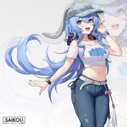 Rule 34 | 1girl, alternate costume, animal ears, baseball cap, belt, blue hair, blue nails, blue pants, bow, bracelet, breasts, cbmus, clothes writing, commentary, cosplay, crop top, denim, ears through headwear, fake animal ears, floating hair, ganyu (genshin impact), genshin impact, grey hat, hair bow, hand up, hanni (newjeans), hanni (newjeans) (cosplay), hat, highres, jewelry, k-pop, long hair, looking at viewer, medium breasts, midriff, nail polish, navel, newjeans, omg (newjeans), open mouth, pants, panty straps, pink eyes, rabbit ears, second-party source, shirt, short sleeves, smile, solo, standing, stomach, torn clothes, torn pants, very long hair, watch, wavy hair, white background, white shirt, wristwatch, zoom layer