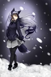 Rule 34 | 10s, 1girl, animal ears, ass, black footwear, black gloves, black jacket, black neckwear, black thighhighs, bow, bowtie, extra ears, fox ears, fox tail, full body, fur trim, gloves, grey skirt, hand on own hip, highres, jacket, kemono friends, long hair, long sleeves, looking to the side, miniskirt, necktie, silver fox (kemono friends), silver hair, skirt, snow, snowing, solo, tail, tamiku (shisyamo609), thighhighs, very long hair, yellow eyes