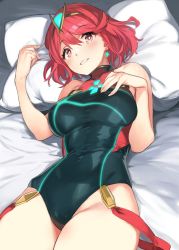 Rule 34 | 1girl, 92m, bare shoulders, black one-piece swimsuit, blush, breasts, chest jewel, competition swimsuit, covered navel, earrings, gem, highleg, highleg swimsuit, highres, jewelry, large breasts, looking at viewer, lying, nintendo, on back, on bed, one-piece swimsuit, pillow, pyra (pro swimmer) (xenoblade), pyra (xenoblade), red hair, red one-piece swimsuit, short hair, smile, solo, swept bangs, swimsuit, thighs, tiara, two-tone swimsuit, xenoblade chronicles (series), xenoblade chronicles 2