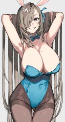 Rule 34 | 1girl, absurdres, armpits, arms behind head, asuna (blue archive), asuna (bunny) (blue archive), bare shoulders, black pantyhose, blue archive, blue eyes, blue leotard, bow, bowtie, breasts, cleavage, comeo (komeo15), detached collar, hair over one eye, hair ribbon, highleg, highleg leotard, highres, large breasts, leotard, light brown hair, mole, mole on breast, pantyhose, playboy bunny, ribbon, smile, traditional bowtie