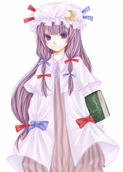 Rule 34 | 1girl, blunt bangs, blush, book, bow, cowboy shot, crescent, dress, female focus, frills, hat, long hair, looking at viewer, mob cap, patchouli knowledge, purple eyes, purple hair, shiratama (mofutto), smile, solo, standing, striped clothes, striped dress, touhou, vertical stripes, very long hair, white dress