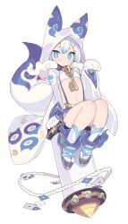 Rule 34 | 1girl, animal hands, blade (galaxist), blue eyes, blue hair, cat hair ornament, claws, full body, gradient hair, hair ornament, hood, hood up, key, microskirt, multicolored hair, navel, sandals, sitting, skirt, solo, suspenders, tail, transparent background, two-tone hair, white hair, white theme