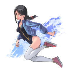 Rule 34 | 1girl, :d, black hair, black one-piece swimsuit, blue jacket, blush, breasts, brown eyes, cleavage, copyright request, full body, hair ornament, hair scrunchie, jacket, long hair, long sleeves, looking at viewer, medium breasts, one-piece swimsuit, open clothes, open jacket, open mouth, red footwear, red scrunchie, saiste, scrunchie, shoes, smile, solo, swimsuit, swimsuit under clothes, thighhighs, white thighhighs
