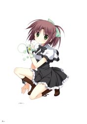 Rule 34 | 1girl, black bow, black skirt, boots, bow, bowtie, bridal gauntlets, brown footwear, brown hair, capelet, dress shirt, frilled skirt, frills, full body, green bow, green eyes, hair bow, high-waist skirt, highres, jewelry, juuoumujin no fafnir, korie riko, looking at viewer, on one knee, page number, pleated skirt, ponytail, ring, shirt, short hair, skirt, smile, solo, white capelet, white shirt