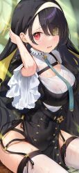 1girl absurdres black_dress black_hair blue_archive blurry blurry_background blush breasts cleavage_cutout clothing_cutout coif commentary_request cross cross_earrings dress earrings eyes_visible_through_hair frilled_sleeves frills furrowed_brow garter_belt habit hair_over_one_eye halo hand_up highres hinata_(blue_archive) jewelry large_breasts light_blush long_hair looking_at_viewer nosuke_tmg nun parted_lips pelvic_curtain red_eyes sitting solo tearing_up thighhighs wet wet_clothes wet_dress white_thighhighs yellow_halo