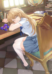 Rule 34 | 1girl, absurdres, alternate costume, black footwear, blonde hair, book, book stack, bow, chair, checkered floor, contemporary, closed eyes, fischl (genshin impact), full body, genshin impact, head rest, highres, indoors, linreplica, long hair, on chair, pleated skirt, purple bow, school uniform, shirt, shirt tucked in, short sleeves, sitting, skirt, sleeping, smile, solo, sunlight, table, thighhighs, white shirt, white thighhighs, zettai ryouiki