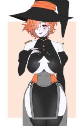 Rule 34 | blue skin, blush, breasts, colored skin, cryptid crab, facial mark, fire emblem, fire emblem: three houses, halloween, halloween costume, hat, highres, huge breasts, kronya (fire emblem), large breasts, licking lips, looking at viewer, nintendo, one eye covered, orange hair, pelvic curtain, red eyes, sideboob, tagme, thick thighs, thighs, tongue, tongue out, underboob, wide hips, witch, witch hat
