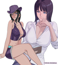 Rule 34 | 1girl, black hair, blue eyes, book, breasts, cleavage, collared shirt, commentary, cowboy hat, cross-laced clothes, cross-laced top, english commentary, hat, holding, holding book, large breasts, medium hair, midriff, multiple views, navel, nico robin, nico robin (alabasta), one piece, patreon username, purple hat, purple shorts, shirt, short shorts, shorts, smile, uukkaa, white background, white shirt