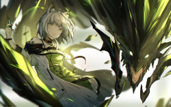Rule 34 | 1girl, absurdres, animal ear fluff, animal ears, arknights, bare shoulders, commentary request, detached collar, dragon, green eyes, green shirt, highres, jacket, kal&#039;tsit (arknights), looking at viewer, material growth, oripathy lesion (arknights), shirt, short hair, solo, watch, white jacket, yumuto (spring1786)