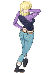 Rule 34 | 1girl, android 18, ass, blonde hair, breasts, denim, dragon ball, dragon ball super, dragonball z, easy (aqk7bdqt), from behind, full body, jeans, pants, short hair, solo, walking