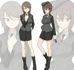 Rule 34 | 10s, 2girls, aged up, alternate costume, beret, boots, brown hair, can, canned coffee, drink can, girls und panzer, grey hair, halcon, hat, highres, mika (girls und panzer), military, military uniform, multiple girls, necktie, nishizumi maho, one eye closed, selection university military uniform, simple background, uniform