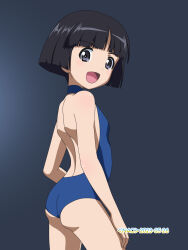 Rule 34 | 1girl, artist name, ass, black hair, blue background, blue eyes, blue one-piece swimsuit, blush, breasts, dated, girls und panzer, highres, looking at viewer, naotosi, one-piece swimsuit, open mouth, shiny skin, short hair, shoulder blades, simple background, small breasts, smile, solo, sono midoriko, swimsuit, wedgie