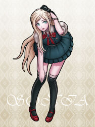 Rule 34 | 1girl, bent over, black bow, black footwear, blonde hair, blue dress, blue eyes, bow, bowtie, danganronpa (series), danganronpa 2: goodbye despair, dress, eyelashes, female focus, full body, gig (artist), gradient background, hair bow, hand up, kneehighs, leaning forward, looking at viewer, multicolored clothes, multicolored dress, neck ribbon, open mouth, parted bangs, patterned background, red bow, red footwear, red ribbon, ribbon, short sleeves, simple background, socks, solo, sonia nevermind, standing, tagme, white dress, yellow background