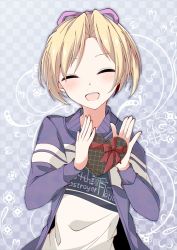 Rule 34 | 1girl, :d, alternate costume, blonde hair, blush, box, casual, checkered background, closed eyes, clothes writing, gift, gift box, hair ribbon, heart-shaped box, hikobae, holding, holding gift, jacket, kantai collection, long sleeves, looking at viewer, maikaze (kancolle), open mouth, parted bangs, patterned background, pink ribbon, purple jacket, red ribbon, ribbon, shirt, short hair, smile, solo, upper body, valentine, white shirt