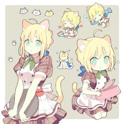 Rule 34 | 1girl, 87banana, ahoge, alternate costume, animal ears, artoria pendragon (all), artoria pendragon (fate), blonde hair, blush, bow, bowtie, breasts, cat, cat ears, cat girl, cat tail, commentary request, crown, eating, closed eyes, fate/stay night, fate (series), fish, green eyes, hair between eyes, hair bun, heart, holding, holding tray, looking at viewer, mini crown, multiple views, saber (fate), short sleeves, single hair bun, sleeping, small breasts, tail, tray, waitress