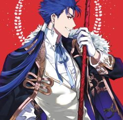 Rule 34 | 1boy, 9sui, alternate costume, blue hair, cu chulainn (fate), earrings, fate/stay night, fate (series), formal, gae bolg (fate), gloves, holding, holding spear, holding weapon, jewelry, cu chulainn (fate/stay night), long hair, looking at viewer, male focus, polearm, ponytail, profile, red background, red eyes, simple background, smile, solo, spear, upper body, weapon, white gloves