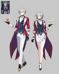 Rule 34 | 1boy, 1girl, 625light, absurdres, alternate costume, alternate hairstyle, breasts, cleavage, closed mouth, cosplay, costume switch, full body, grey hair, highres, long sleeves, looking at viewer, pants, photo inset, shoes, simple background, skirt, smile, standing, tray, waitress