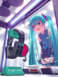 Rule 34 | 1girl, aqua eyes, aqua hair, aqua nails, aqua necktie, backwards text, bare shoulders, black skirt, black sleeves, card, commentary, cowboy shot, crypton future media, detached sleeves, display case, fluorescent lamp, furrowed brow, grey shirt, hair ornament, hatsune miku, headphones, headset, highres, holding, holding card, indoors, leaning forward, long hair, looking at object, miniskirt, mirrored text, nail polish, necktie, open mouth, pleated skirt, price tag, shirt, shoulder tattoo, skirt, sleeveless, sleeveless shirt, solo, standing, sweat, tattoo, twintails, very long hair, vocaloid, white shirt, wu niang