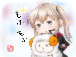 Rule 34 | 1girl, :o, black gloves, blonde hair, blush, character request, chibi, fluffy, gloves, grey eyes, high collar, kantai collection, long hair, long sleeves, sheep, signature, solo, sparkle, stuffed animal, stuffed sheep, stuffed toy, taisa (kari), twintails