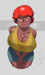 Rule 34 | 1girl, among us, bandages, breasts, cleavage, commentary, dark skin, english commentary, highres, krekkov, large breasts, looking at viewer, medium hair, red (among us), red hair, short hair, skirt, standing, sweat, tank top