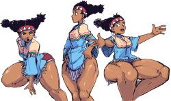 Rule 34 | 1girl, black hair, capcom, curvy, dark-skinned female, dark skin, earrings, headband, highres, immisterplow, jewelry, lily hawk, multiple views, muscular legs, native american, poncho, shiny skin, short shorts, shorts, smile, street fighter, street fighter 6, thick thighs, thighs, twintails, wide hips