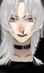 Rule 34 | 1girl, black choker, black shirt, blood, choker, collarbone, commentary, grey eyes, highres, hoshi san 3, lace-trimmed sleeves, lace trim, long sleeves, looking at viewer, medium hair, nosebleed, open mouth, original, parted bangs, shadow, shirt, sleeves past wrists, solo, upper body, white hair
