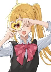 Rule 34 | 1girl, :d, ahoge, arms up, black sweater vest, blonde hair, bocchi the rock!, bow, commentary, eyelashes, eyes visible through hair, half updo, heart, heart hands, highres, ijichi nijika, kanaria hisagi, light blush, long hair, long sleeves, looking at viewer, one eye closed, open mouth, parted bangs, red bow, red eyes, shirt, side ponytail, sidelocks, simple background, smile, solo, straight-on, sweater vest, upper body, very long hair, white background, white shirt