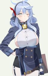 Rule 34 | 1girl, ;(, absurdres, ako (blue archive), bell, black garter belt, black skirt, blue archive, blue eyes, blue hair, blue jacket, blush, breasts, cow, earrings, garter belt, gloves, half gloves, halo, hand on own hip, highres, holding, holding notepad, jacket, jewelry, large breasts, long hair, looking at viewer, neck bell, notepad, shirt, sideboob, sideless outfit, simple background, skirt, solo, stud earrings, u nagi, white background, white shirt