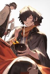 Rule 34 | 1girl, 2boys, animal request, black coat, black hair, black shirt, bowl, character request, chopsticks, closed eyes, coat, commentary request, eating, facing viewer, fate/grand order, fate (series), food, food focus, hair over one eye, hand up, highres, hime cut, holding, holding bowl, holding chopsticks, jacket, kotatsu, lack, long hair, male focus, multiple boys, nose bubble, okada izou (fate), open clothes, open coat, open jacket, orange scarf, red shirt, scarf, shirt, short hair, shrimp, shrimp tempura, simple background, sitting, sleeping, smile, standing, table, teeth, tempura, under kotatsu, under table, white background, white jacket