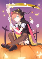 Rule 34 | 1girl, animal ears, animal hood, arm up, black cape, black vest, bow, brown thighhighs, candy, candy cane, cape, closed mouth, commentary request, crescent, cross, crossed ankles, dress shirt, food, frilled skirt, frills, ghost, gloves, halloween, hand up, head tilt, highres, holding, holding scythe, hood, hood up, hooded cape, kooan, latin cross, multicolored cape, multicolored clothes, original, pink cape, plaid, plaid bow, puffy short sleeves, puffy sleeves, scythe, shirt, short sleeves, skirt, smile, solo, star (symbol), thighhighs, vest, white gloves, white shirt, yellow skirt